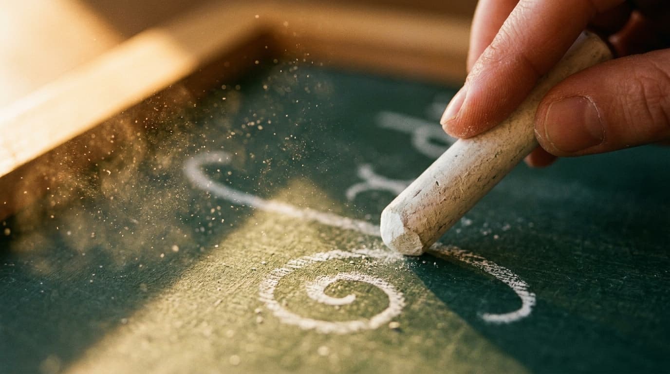 Close-up of a hand writing on a chalkboard with chalk dust in the air