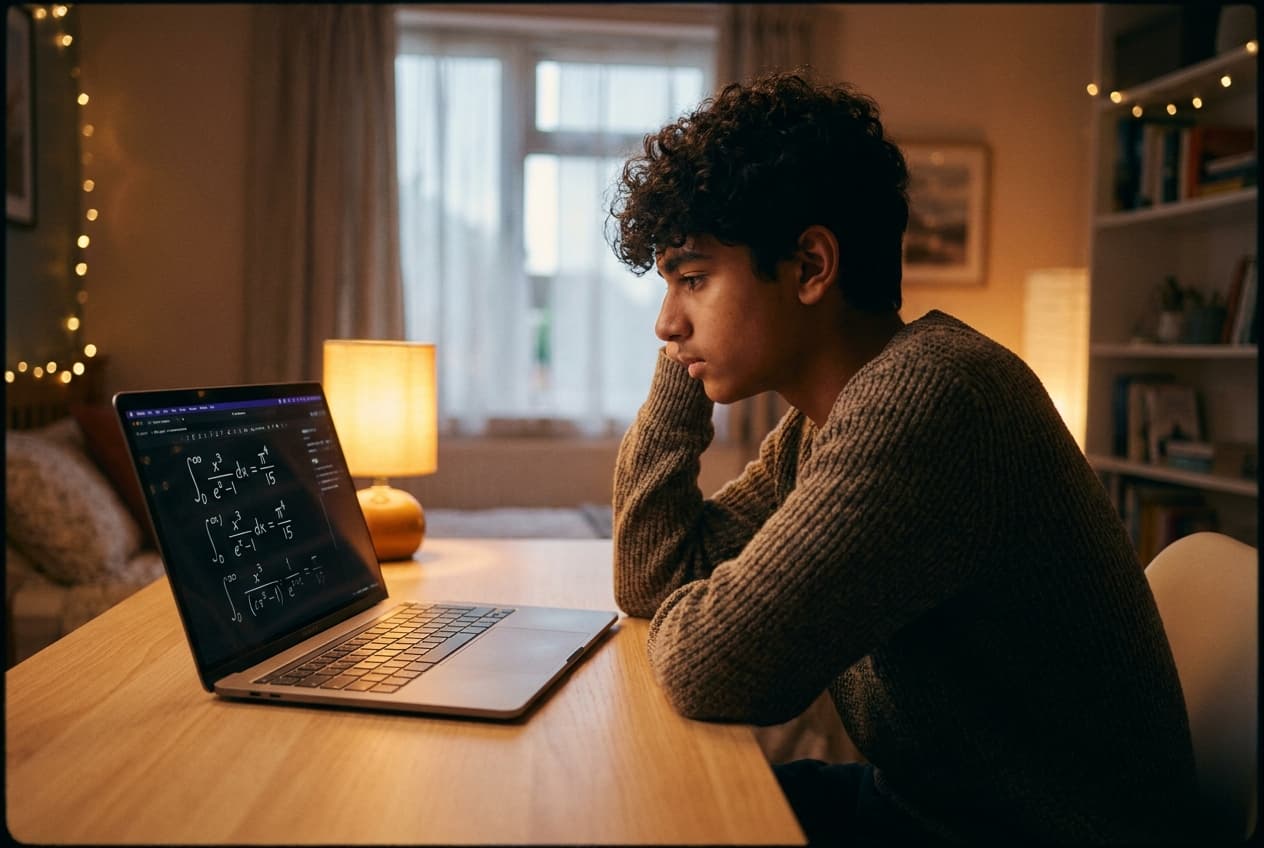 A student using Extramural on a laptop at their desk in warm evening light