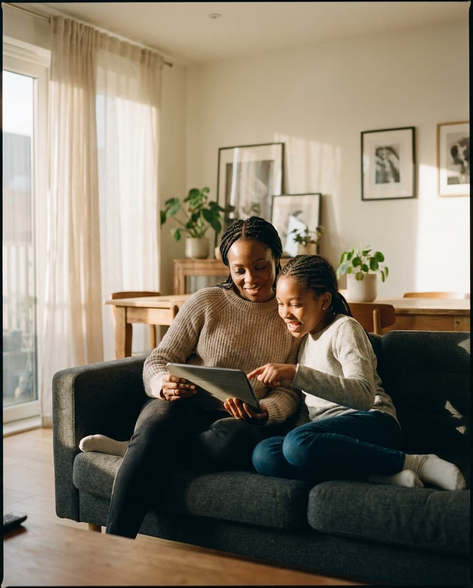 A mother and daughter exploring Extramural together on a tablet